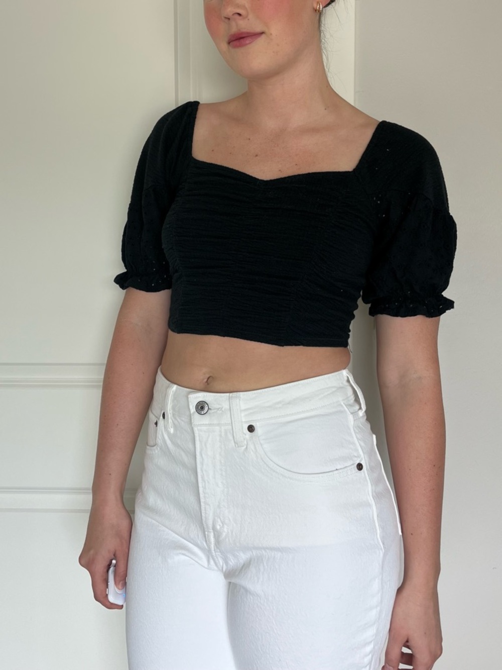 Forever 21 Black Ruched Square-Neck Puff Sleeve Crop Top